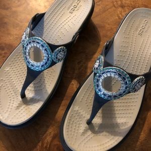 Navy jeweled crocs size 8